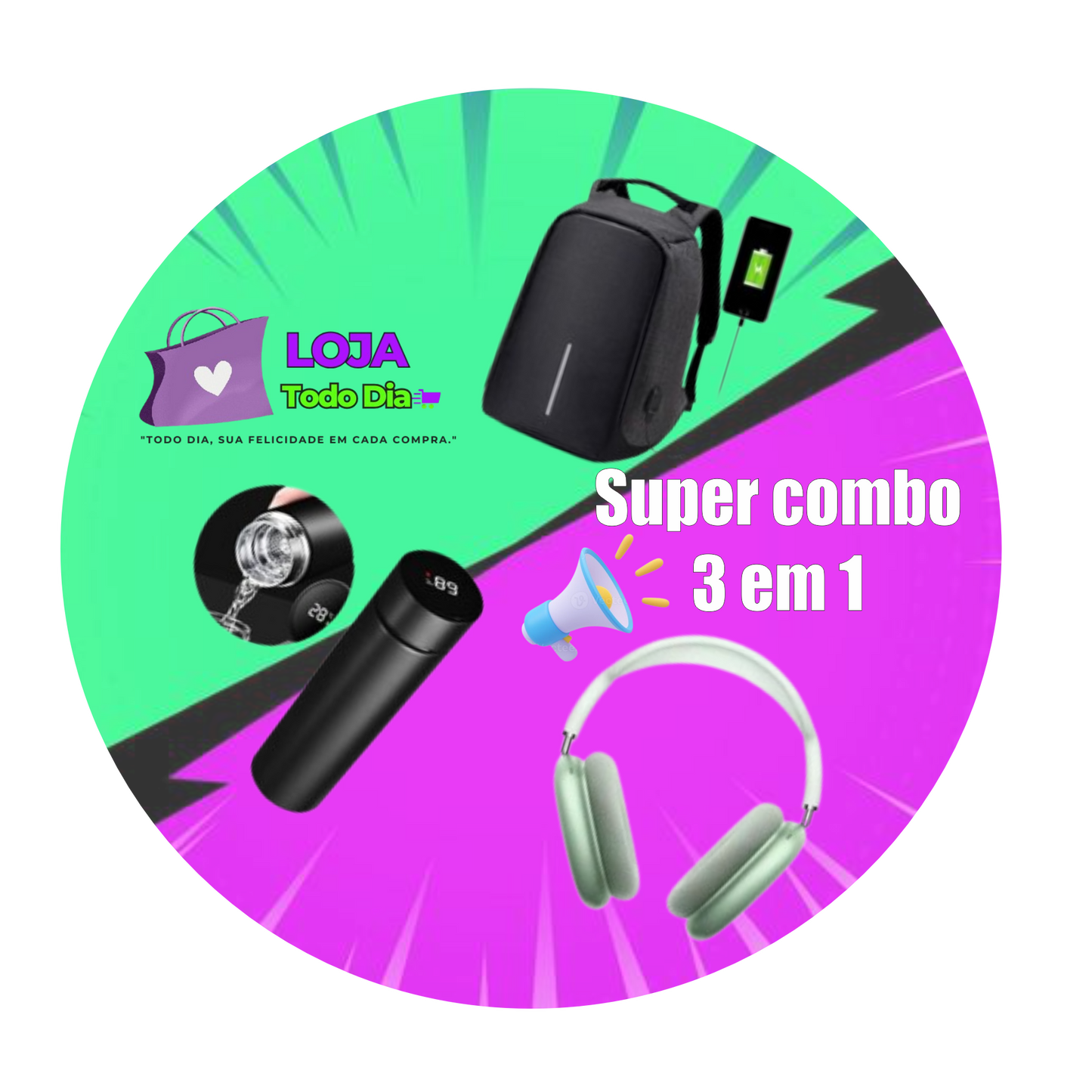 Combo maleta antirrobo + Termo Digital + Auricular Bluetooth