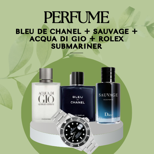 PERFUMES ACQUA DI GIO+ BLEU CHANEL + SAUVAGE + ROLEX SUBMARINER