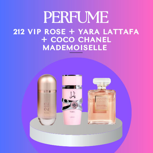 PERFUME 212 VIP ROSE + YARA LATAFFA + COCO CHANEL MADEMOISELLE